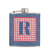 Blauw Denim, Rood & Wit Controle, Groot Initiaal 6 Heupfles (Voorkant)