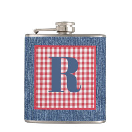 Blauw Denim, Rood & Wit Controle, Groot Initiaal 6 Heupfles