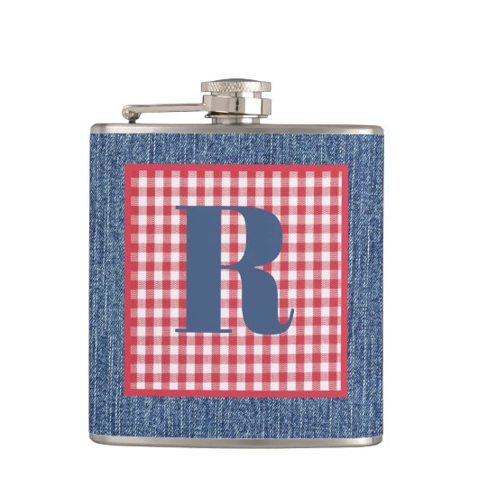 Blauw Denim, Rood & Wit Controle, Groot Initiaal 6 Heupfles (Voorkant)