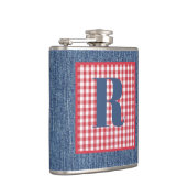 Blauw Denim, Rood & Wit Controle, Groot Initiaal 6 Heupfles (Rechts)