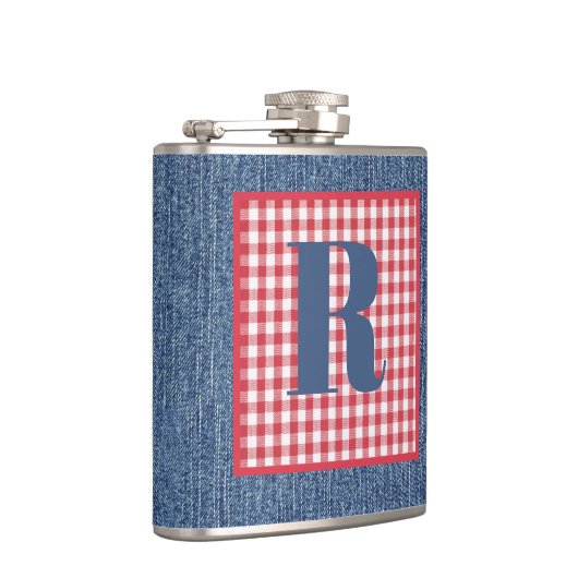 Blauw Denim, Rood & Wit Controle, Groot Initiaal 6 Heupfles (Rechts)