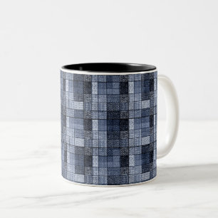 Blauw, denim, tartan, geruit . tweekleurige koffiemok