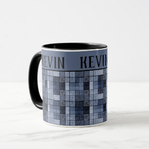 Blauw, denim, tartan, gif. Mok voor tweetonkoffie