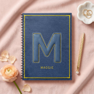 Blauw Denim Y2K Gele Steek Monogram Letter M Notitieboek
