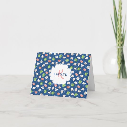 Blauw Ditsy Floral Gepersonaliseerde Blank Notitiekaartje (Voorkant)