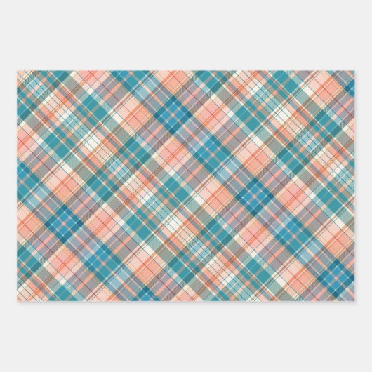 Blauw, Donker Blauwgroen, Zalm & Wit Plaid Inpakpapier Vel (Voorkant)