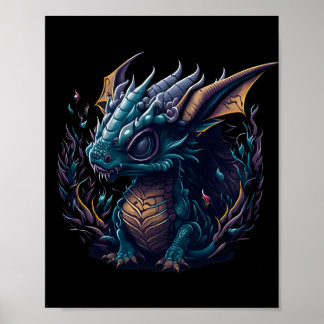 blauw-draak-met-paarse-hoofd-paarse-hoofd poster