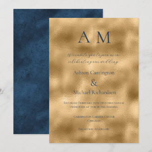 Blauw Ecru Goud Monogram Moderne Huwelijksuitnodig Kaart