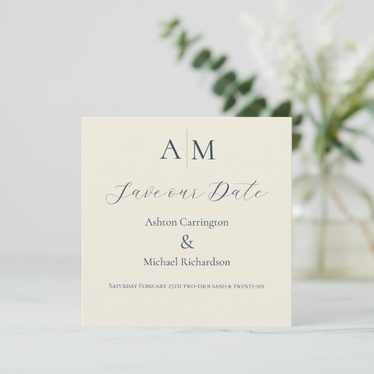 Blauw Ecru Monogram Moderne Trouw Save The Date (Staand voorkant)