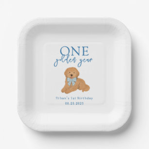 Blauw Een Gouden Jaar Doodle Puppy Verjaardag Papieren Bordje