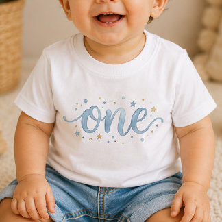 Blauw Eén Waterverf 1e Verjaardag Baby T-shirt