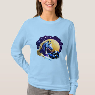 Blauw Eenhoorn Hoofd Portret in Sterrennacht Ruimt T-shirt