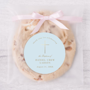 Blauw Eenvoudig Elegant Goud Kruis Doopsel Ronde Sticker