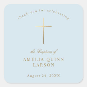 Blauw Eenvoudig Elegant Goud Kruis Doopsel Vierkante Sticker