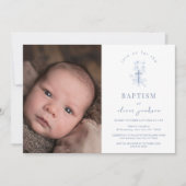 Blauw Eenvoudige Bloem Kruis Jongen Foto Doop Kaart (Voorkant)