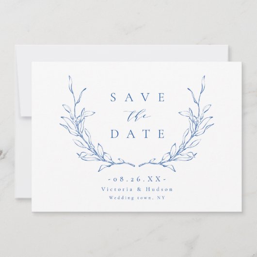 Blauw eenvoudige elegant botanisch wapen monogram save the date (Voorkant)