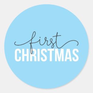 Blauw "Eerste Kerstmis" Modern voor nieuwe ouders Ronde Sticker