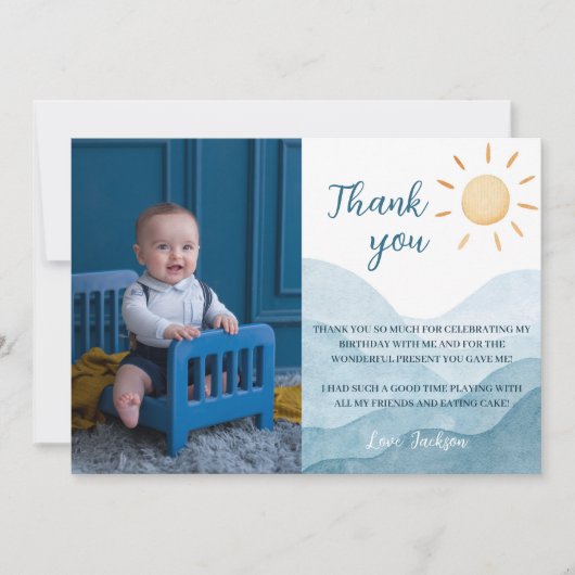 Blauw eerste reis rond zon dank u kaart verjaardag (Voorkant)