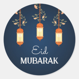 Blauw Eid Mubarak Bloemenlantaarn Islamitisch Ronde Sticker