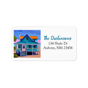 Blauw eigenzinnig strandhuis etiket