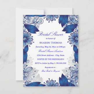 Blauw Elegant Bloemmotief | Trouwfeest Uitnodiging