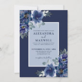Blauw Elegant Botanische Waterverf Bloemenbruiloft Kaart (Voorkant)