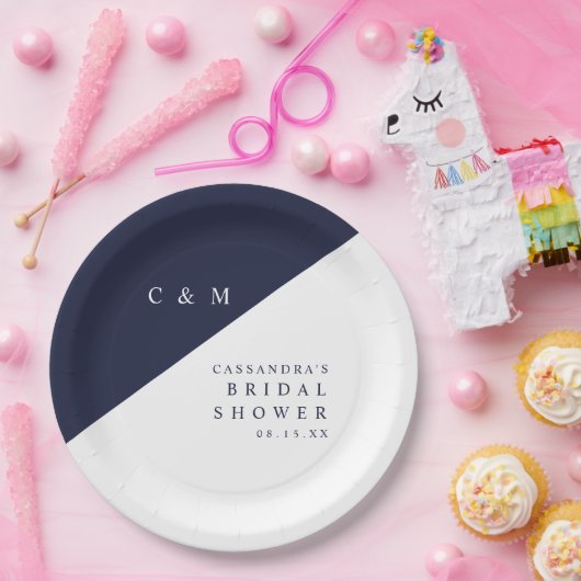 Blauw Elegant Chic Monogram Trouwfeest Papieren Bordje (Feest)