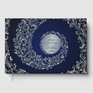 Blauw Elegant Damast Trouwboek Gastenboek