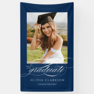 Blauw Elegant Script Afstuderen Photo Party Spandoek