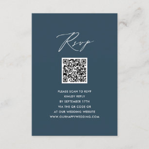 Blauw Elegant Script Minimalist QR Bruiloft RSVP Informatiekaartje