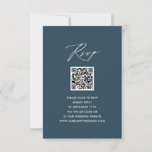 Blauw Elegant Script Minimalist QR Bruiloft RSVP Kaartje