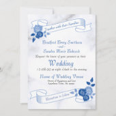 Blauw Elegant Wit Grijs Bloemen Hart Uitnodiging (Voorkant)