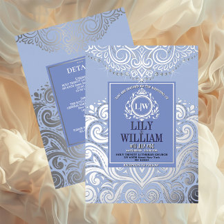 Blauw Elegante Artdeco Diamant Monogram Trouwkaart Folie Uitnodiging