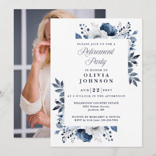 Blauw Elegante Bloemige Pensioenfeest Foto Kaart