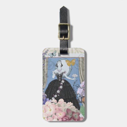 Blauw Elegante Vrouw Bloemen Fancy jurk Bagagelabel (Voorkant verticaal)