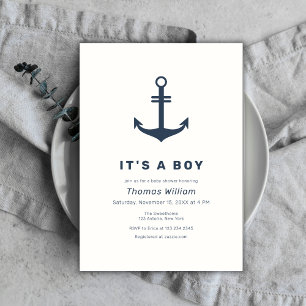 Blauw Elegante Zeeanker Baby Shower Kaart