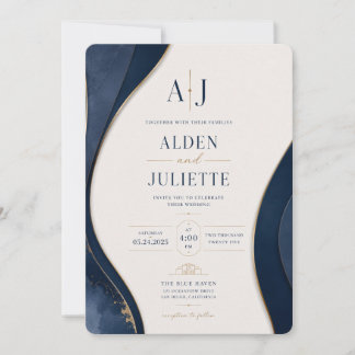 Blauw Elegantie Koninklijke Golf Trouwkaart | Mari Kaart