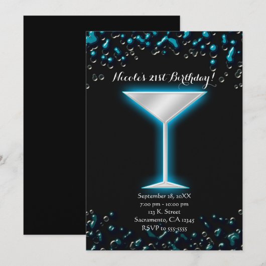 Blauw Elektrisch Glazend Martini Drank Verjaardags Kaart (Voorkant / Achterkant)