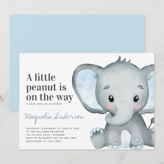 Blauw Elephant Little Peanut Baby shower Kaart (Voorkant / Achterkant)
