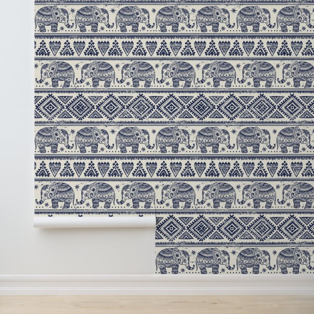 Blauw Elephant Patroon Behang (Applicatie)
