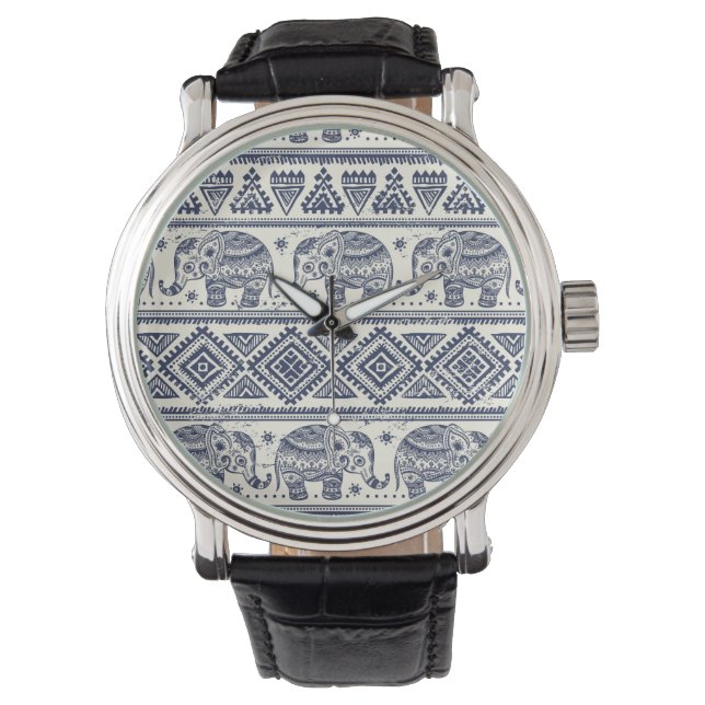 Blauw Elephant Patroon Horloge (Voorkant)