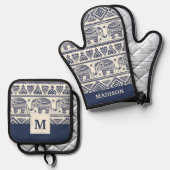 Blauw Elephant Patroon Ovenwant & Pannenlap Set (Voorkant / Achterkant)