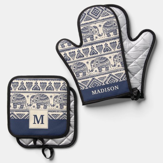 Blauw Elephant Patroon Ovenwant & Pannenlap Set (Voorkant / Achterkant)