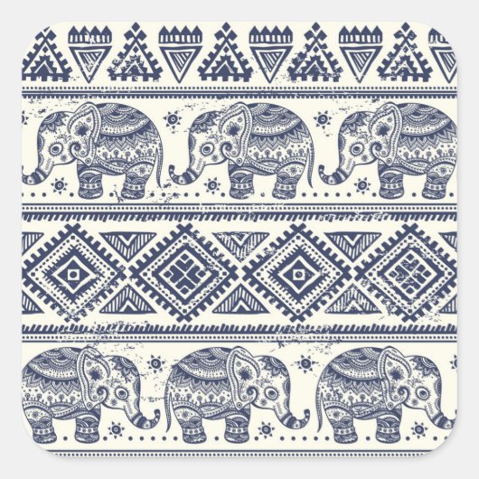 Blauw Elephant Patroon Vierkante Sticker (Voorkant)