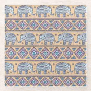 Blauw Elephant Tribal Patroon Glazen Onderzetter
