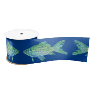 Blauw en Aqua Fish Art  Style Ribbon Lint