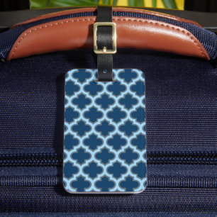 Blauw en Baby Blauw Trellis, Lattice, Quatrefoil Bagagelabel