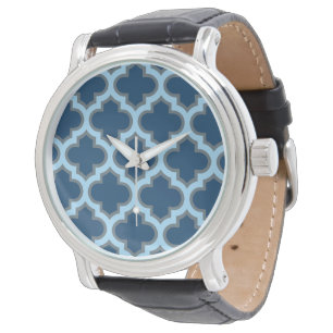 Blauw en babyblauw traliewerk, rooster, vierpas horloge