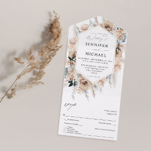 Blauw en beige Boho Floral Wedding All In One Uitnodiging