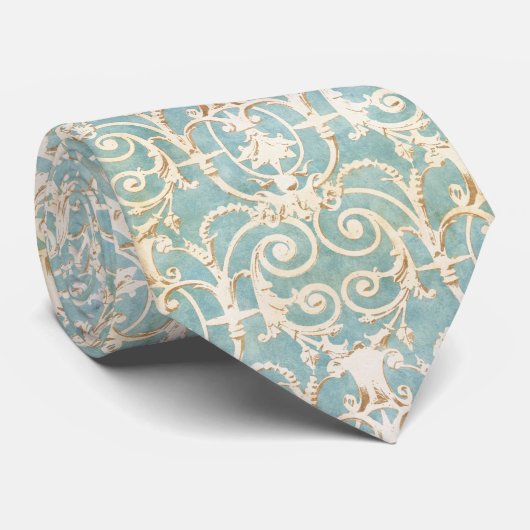 blauw en beige Damask Pattern Stropdas (Opgerold)